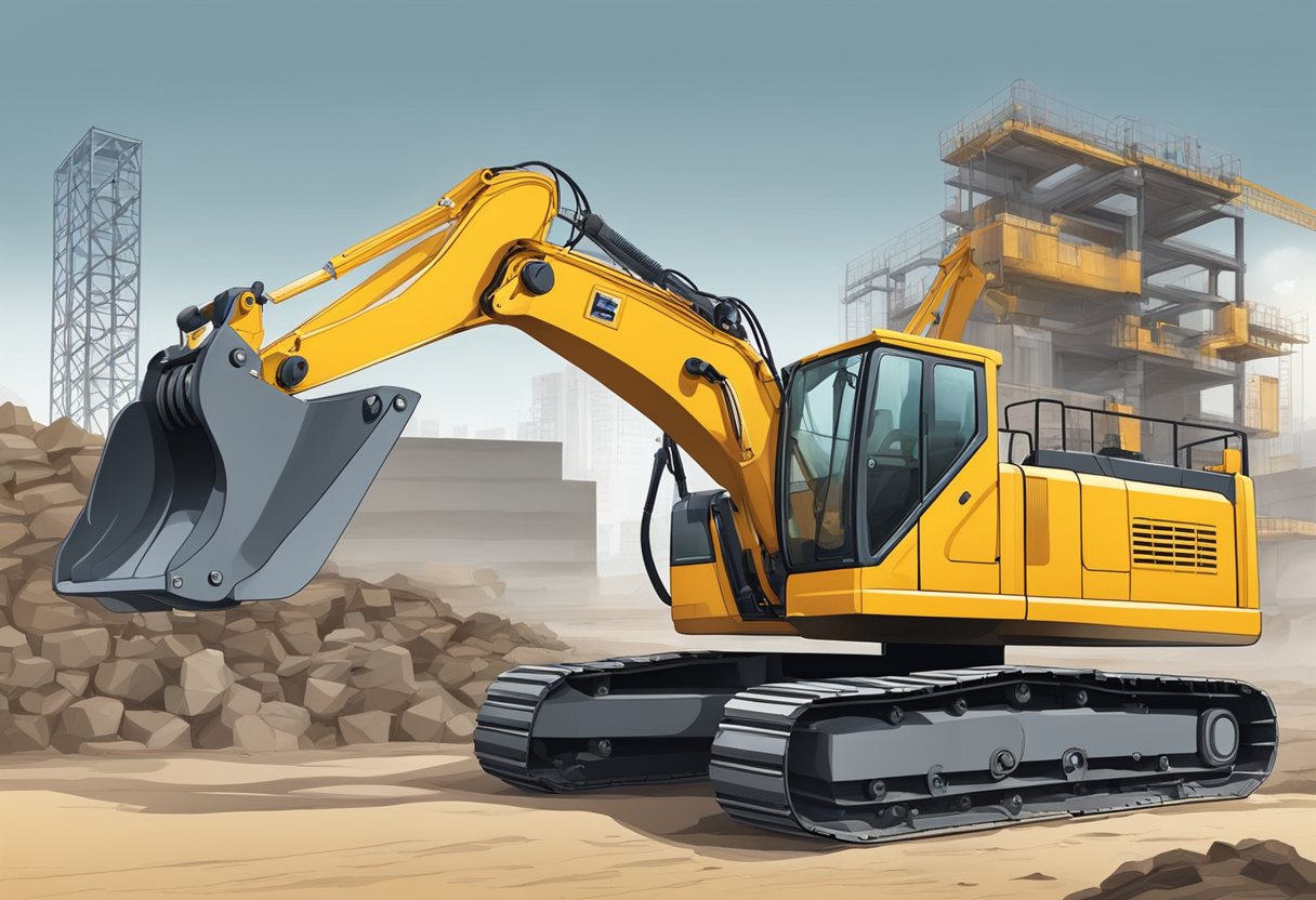 A China excavator's slew ring rotates smoothly, surrounded by heavy machinery and construction materials