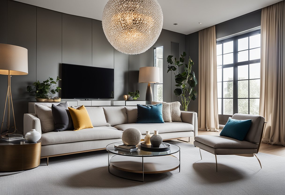 A sleek, modern living room with clean lines, neutral colors, and pops of vibrant accents. A statement light fixture hangs from the high ceiling, illuminating the carefully curated furniture and decor