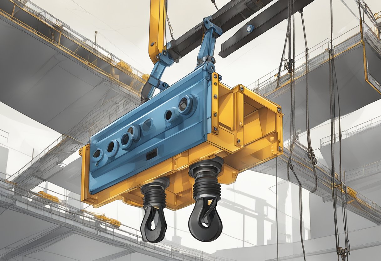 A crane hook suspends from a thrust bearing, suspended in mid-air above a construction site