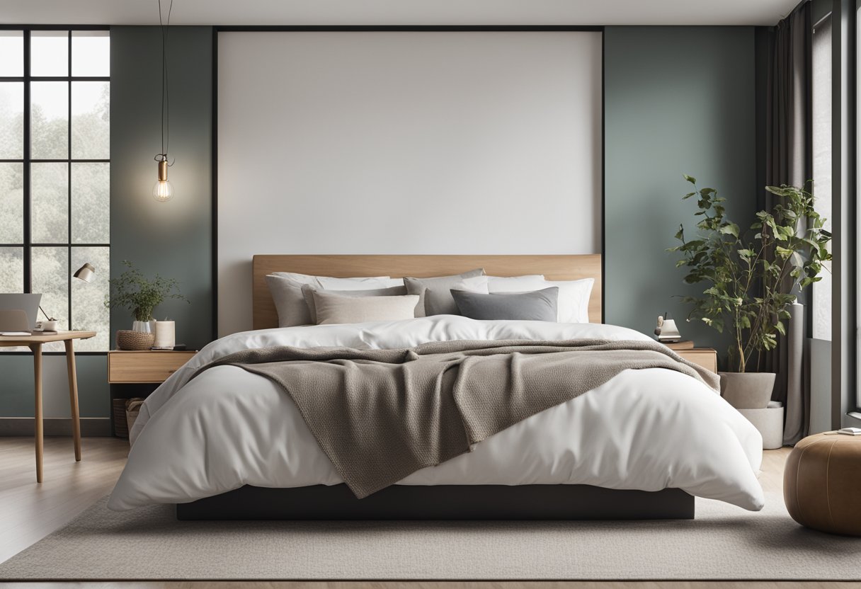 A spacious bedroom with three distinct areas: a cozy sleeping space, a functional workspace, and a relaxing lounge area. The room is filled with natural light, and the decor is modern and minimalist