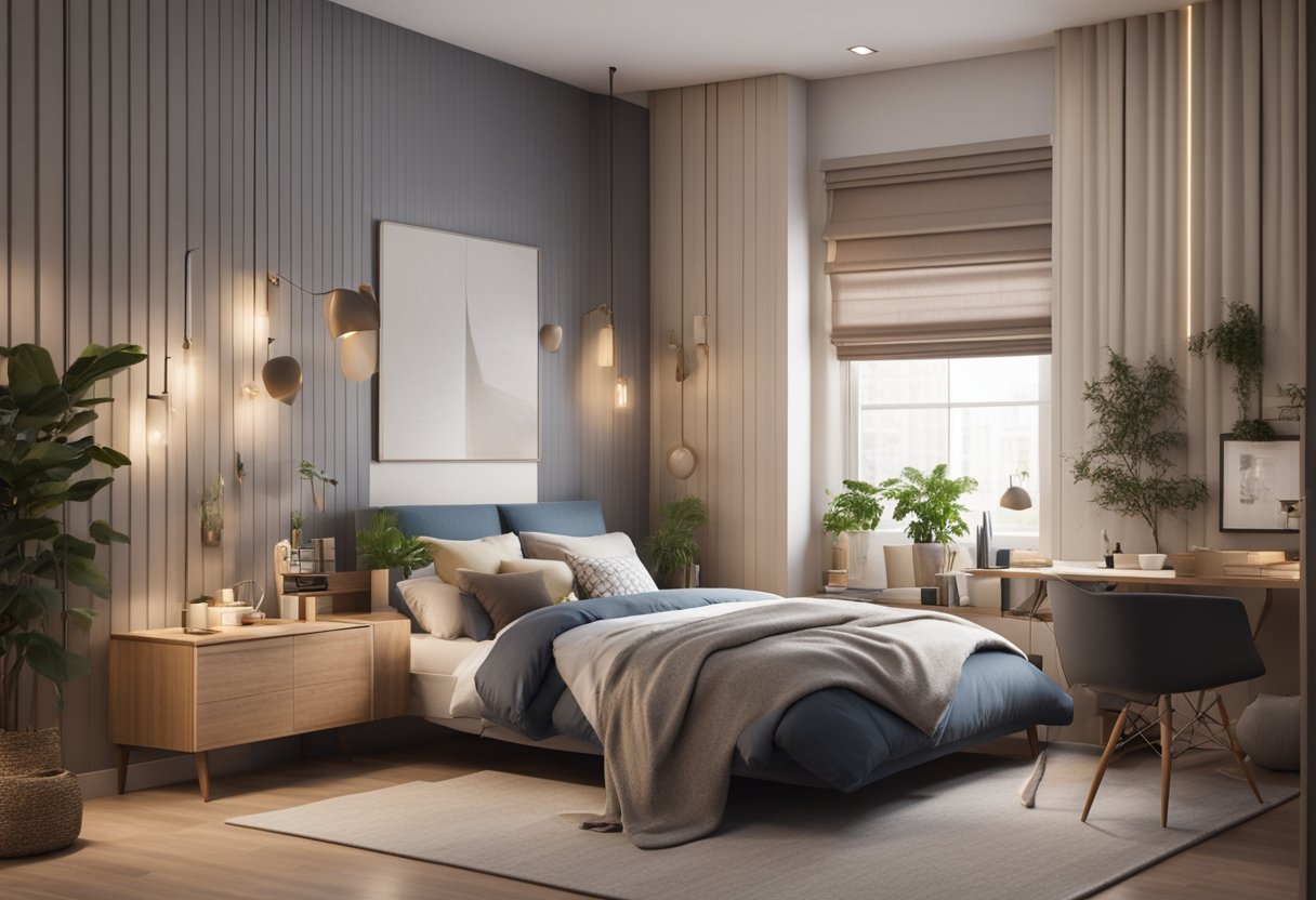 A spacious bedroom with a sleeping area, a study nook, and a relaxation corner. Soft lighting, cozy furniture, and a calming color scheme create a comfortable and functional space