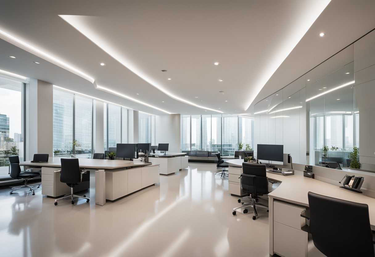 A brightly lit room with sleek, modern fixtures and clean lines. The space feels open and airy, with strategic use of lighting to highlight key features