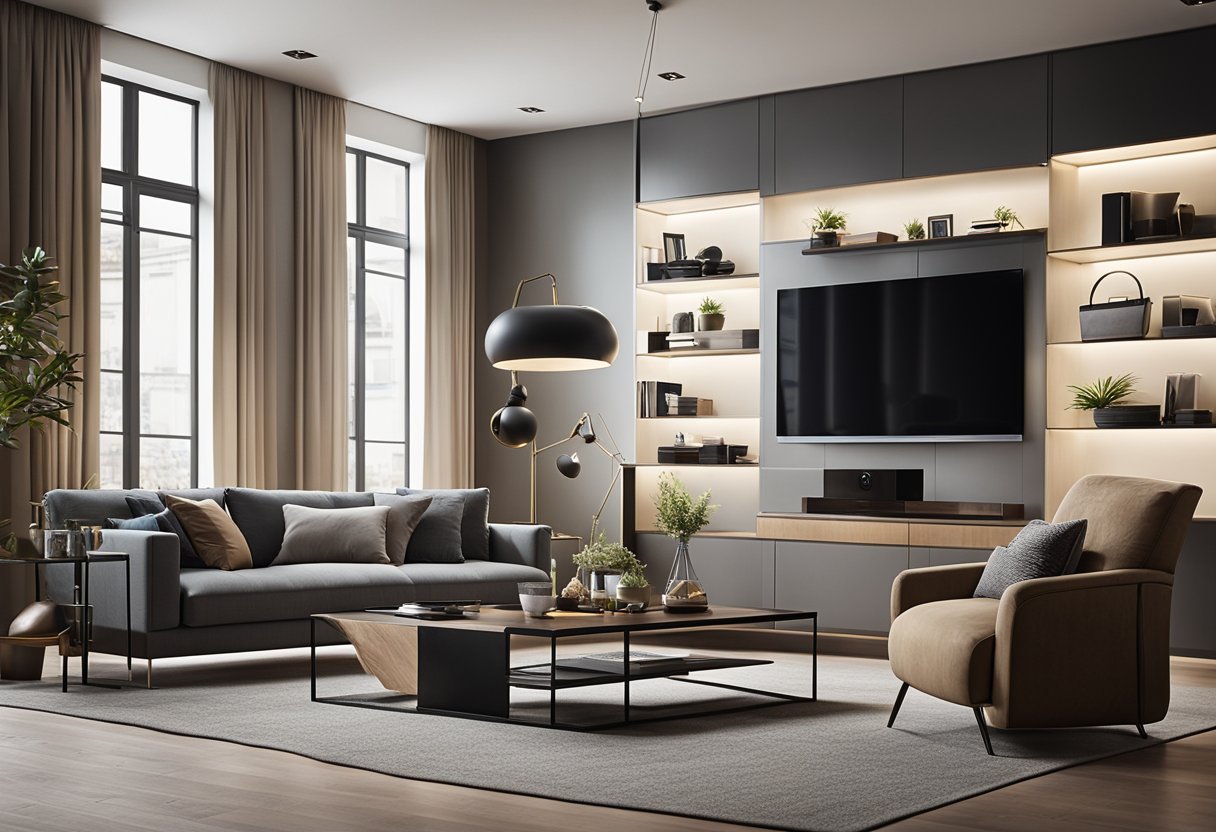 A modern living room with sleek electrical fixtures and smart home devices integrated seamlessly into the design