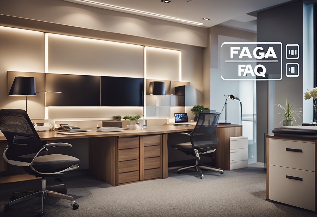 A room with modern electrical fixtures, labeled with "FAQ" signs, showing a sleek and organized interior design