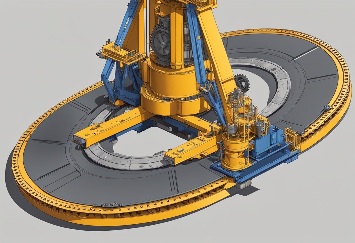 A crane turntable bearing rotates smoothly under the weight of heavy machinery, supported by a sturdy base and surrounded by gears and lubrication systems