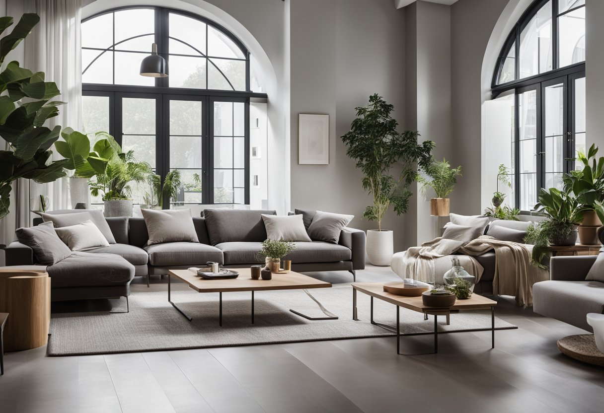 A spacious living room with modern furniture and a minimalist color palette, accented by natural light and indoor plants