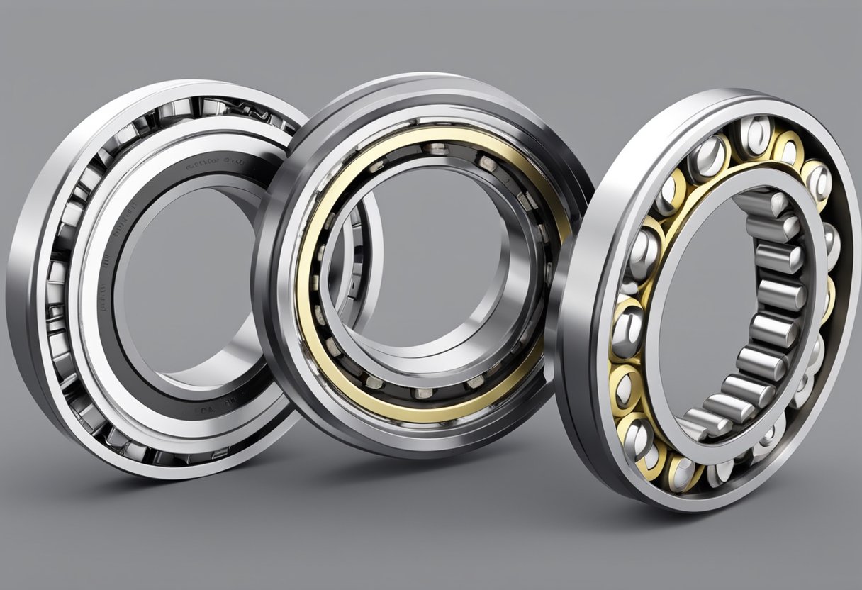 A cross roller bearing with cylindrical rollers and inner/outer rings, enclosed in a cage, mounted within a housing