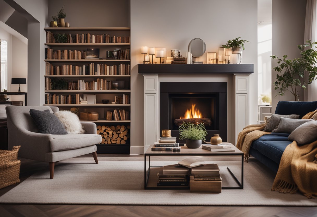 A cozy living room with a large, plush sofa, a warm fireplace, and soft lighting. A bookshelf filled with books and decorative items adds character to the space
