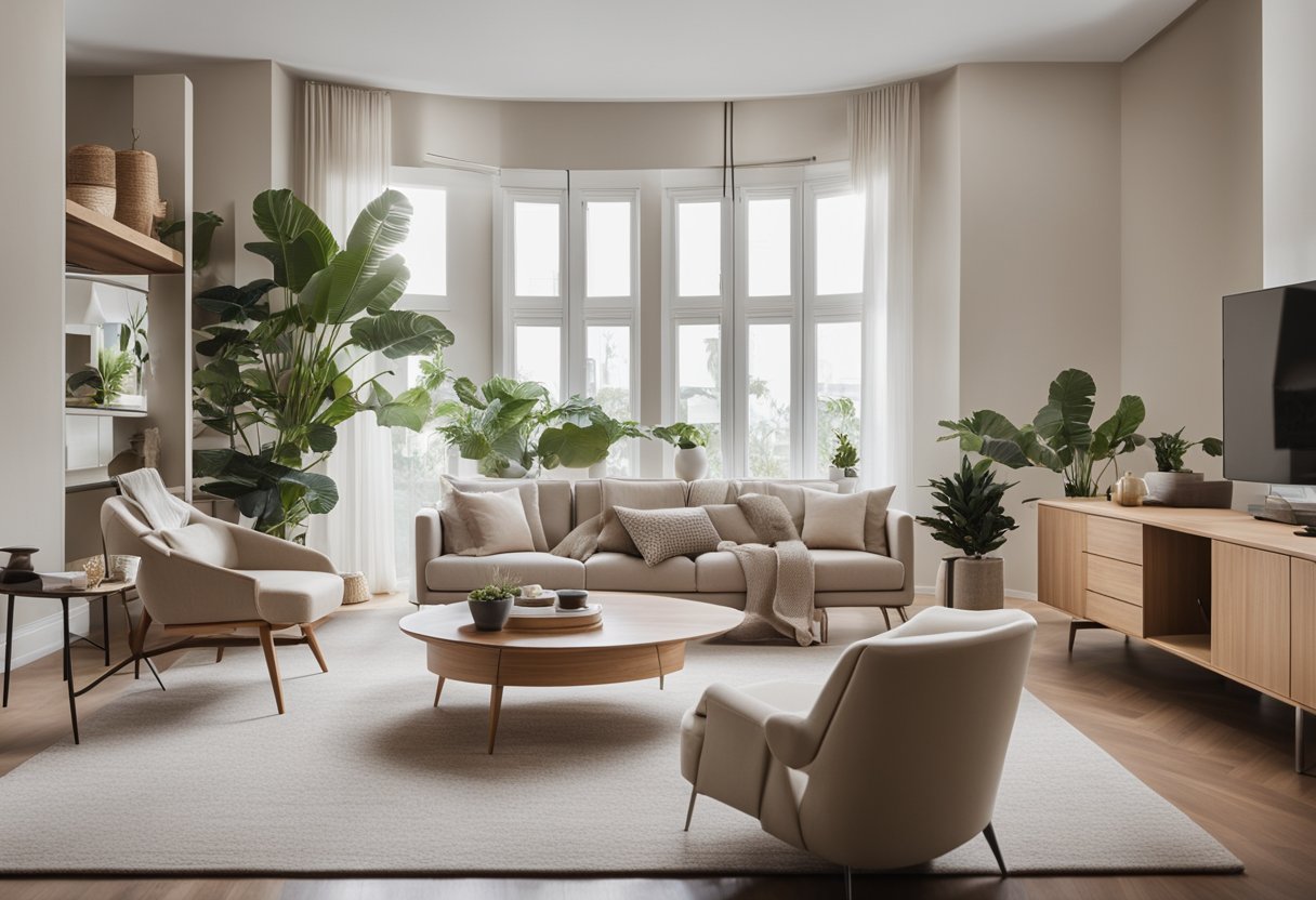 A designer arranges furniture and decor in a modern living room with natural light and a neutral color palette