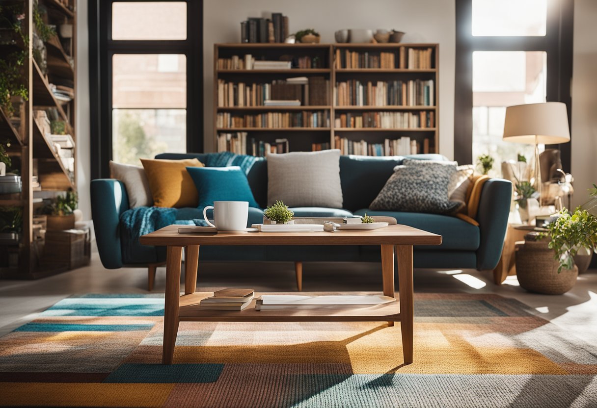 A cozy living room with a modern sofa, coffee table, and colorful rug. A bookshelf filled with design books and decorative items. Sunlight streaming in through large windows