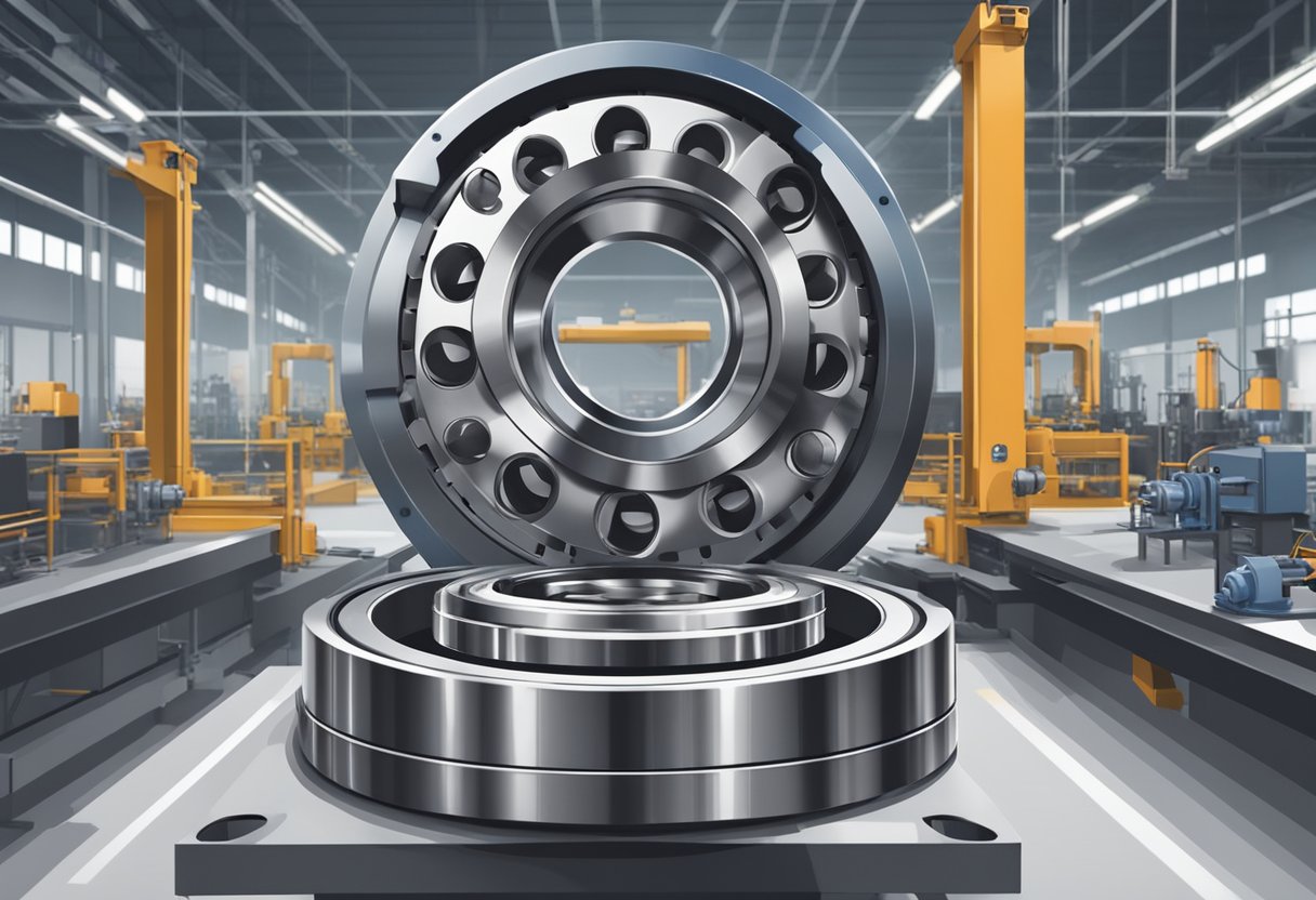 A cross roller bearing is being manufactured in a factory setting, with machinery and equipment in the background