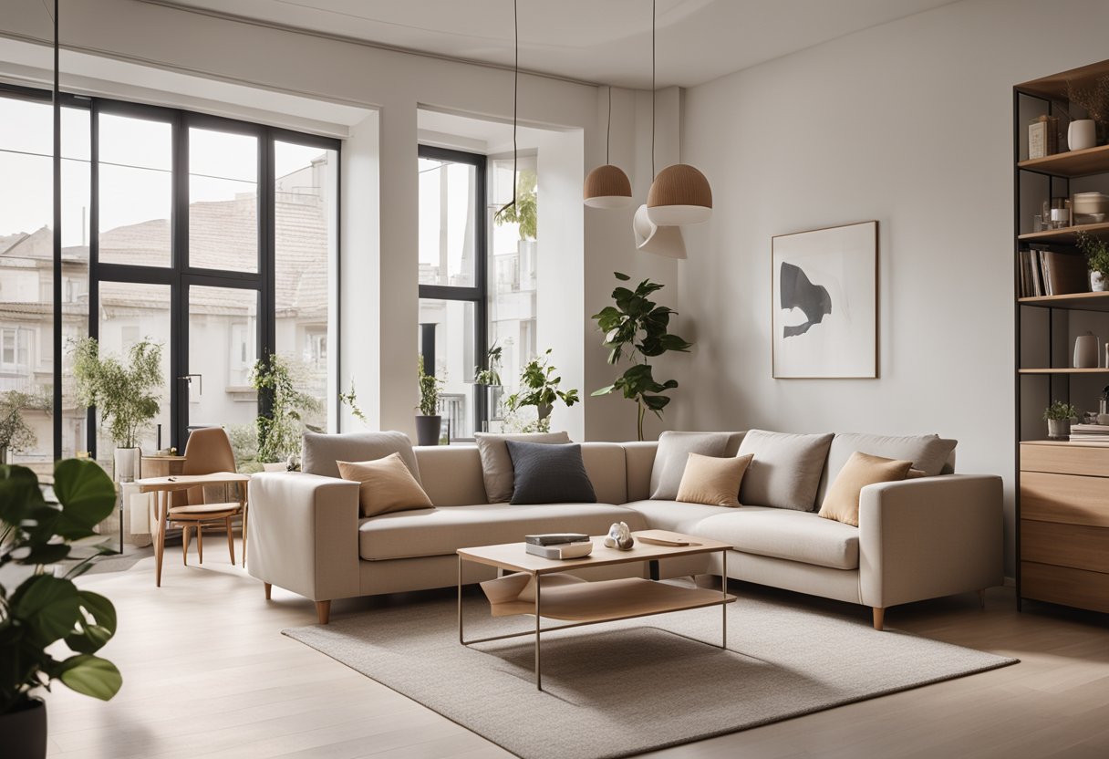 A cozy 2-room flat with minimalist decor, featuring a neutral color palette, modern furniture, and clever storage solutions. Natural light floods the space, creating a warm and inviting atmosphere