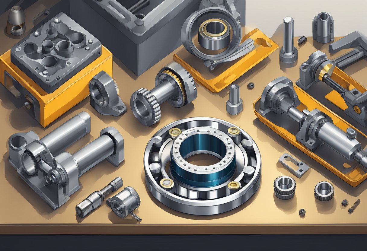 A cross roller ring bearing sits atop a clean, well-lit workbench, surrounded by precision tools and machinery