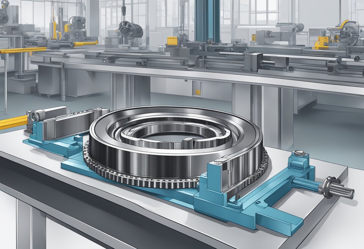 A cross roller ring bearing is being assembled with precision tools and machinery in a modern engineering workshop