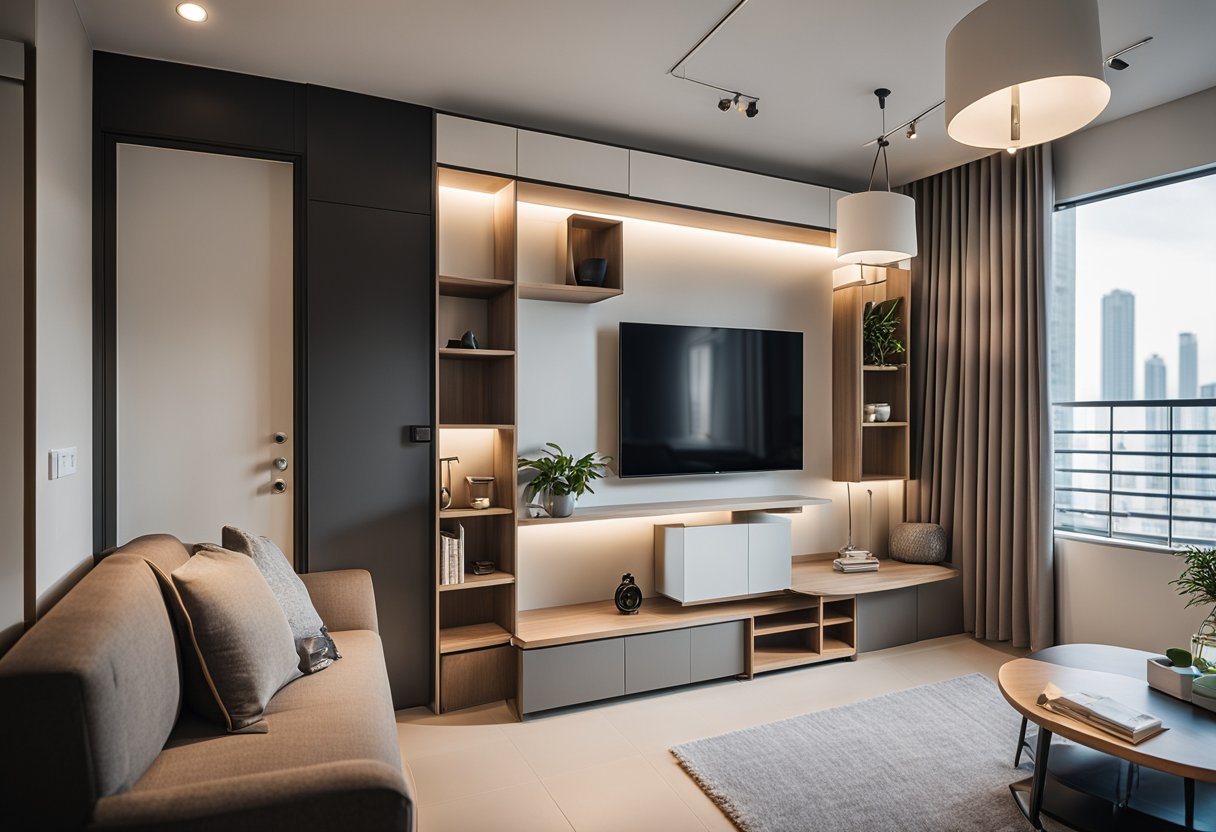 A modern 2 room HDB flat with sleek furniture, minimalist decor, and clever storage solutions. Bright, airy, and functional