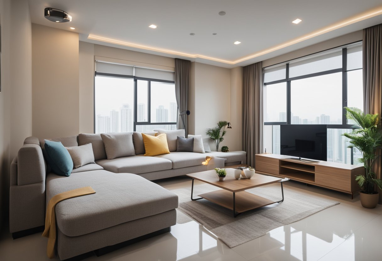 A cozy 2-room HDB flat with modern interior design. Clean lines, neutral colors, and minimalistic furniture create a spacious and inviting atmosphere