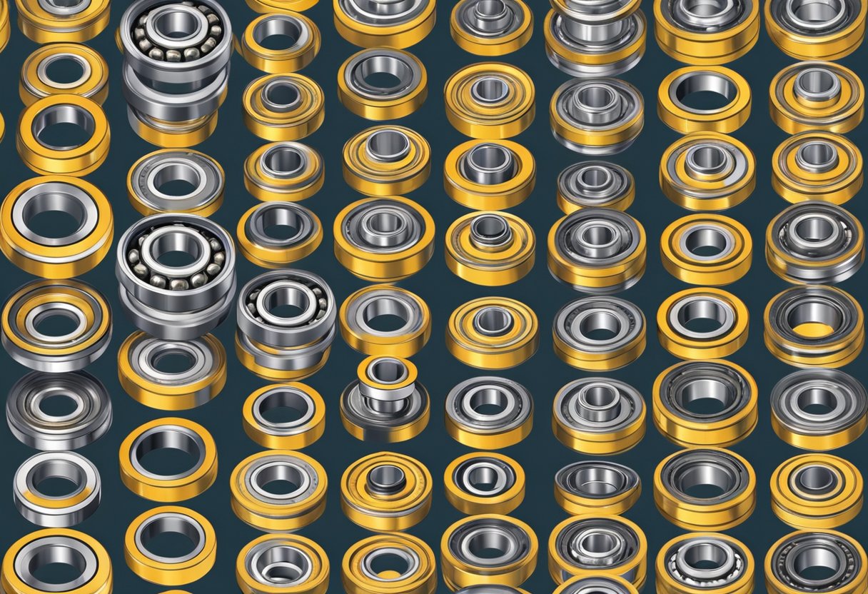 A row of double row ball bearings, each with distinct features, arranged in a series