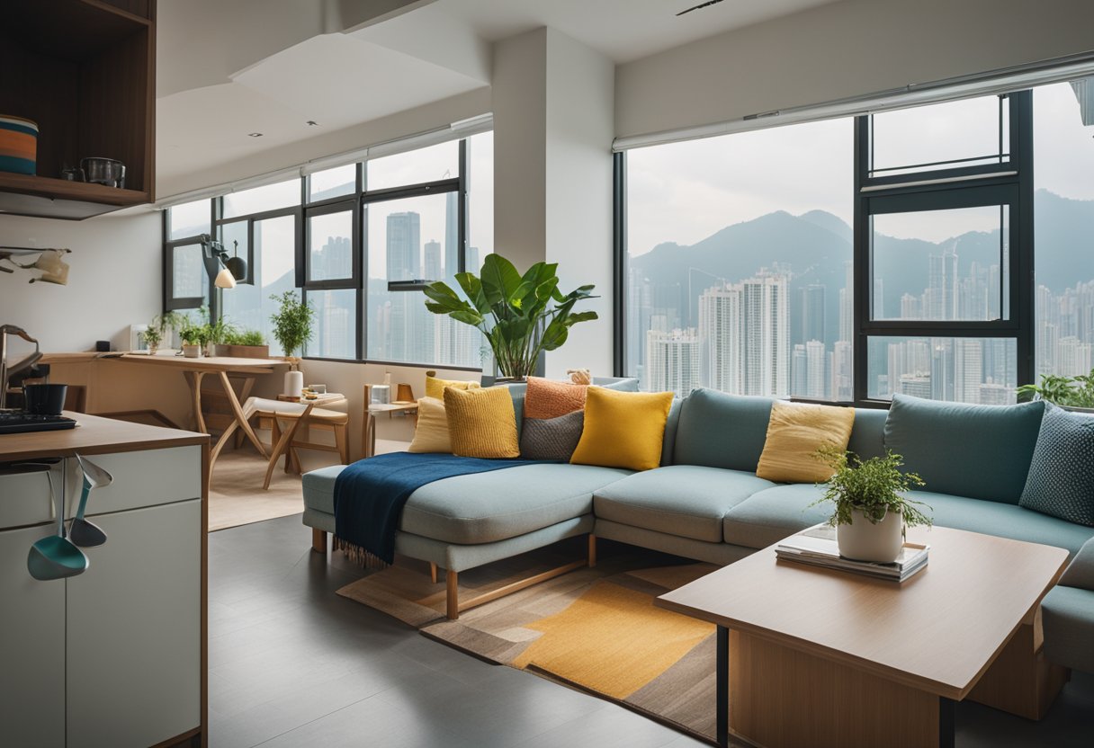 A cozy Hong Kong apartment with compact furniture, bright pops of color, and clever storage solutions. The space is filled with natural light from large windows, and features a mix of modern and traditional design elements