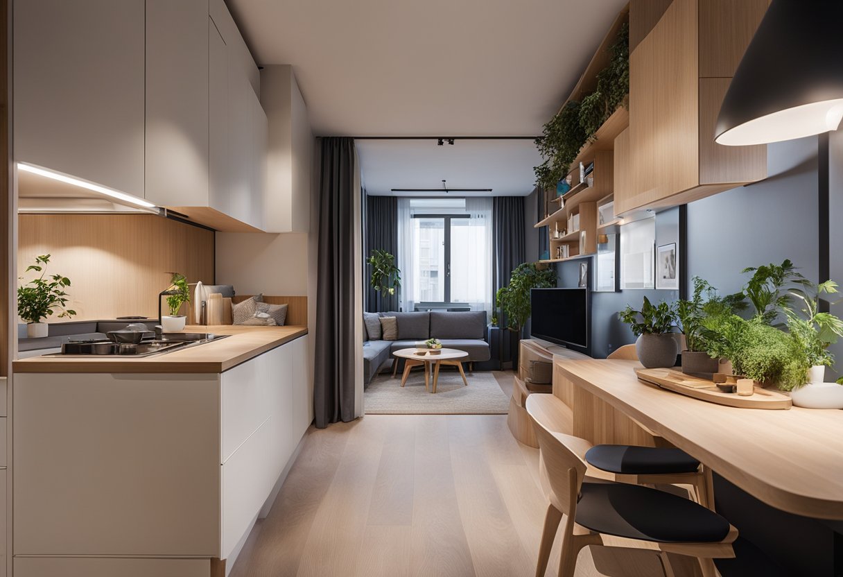 The micro-apartment is cleverly designed with multifunctional furniture, foldable tables, and hidden storage solutions, creating a sense of spaciousness in the compact living area