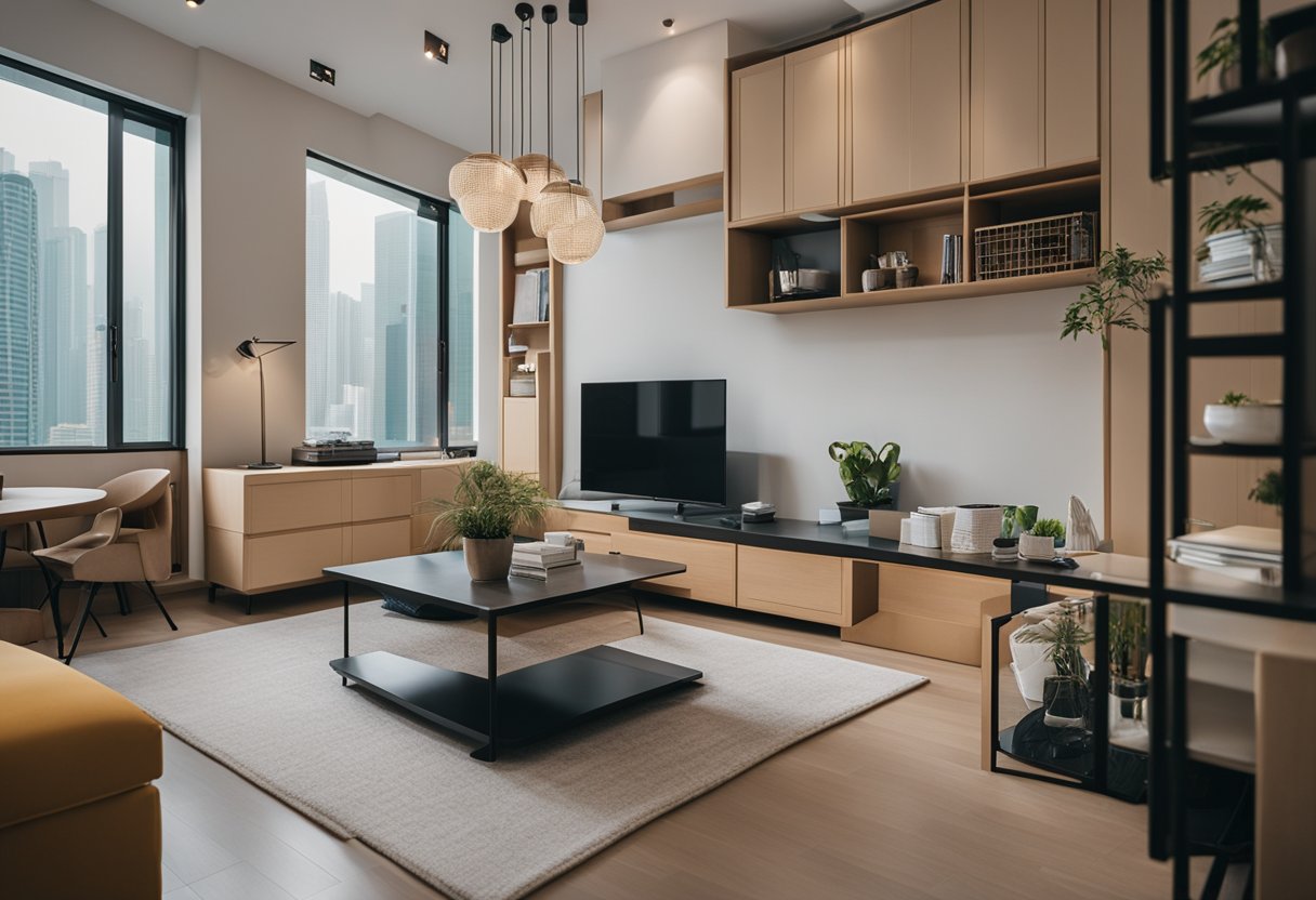 A cozy Hong Kong apartment with vibrant colors, modern furniture, and clever storage solutions. The space is filled with personality and style, showcasing the creativity of small space design
