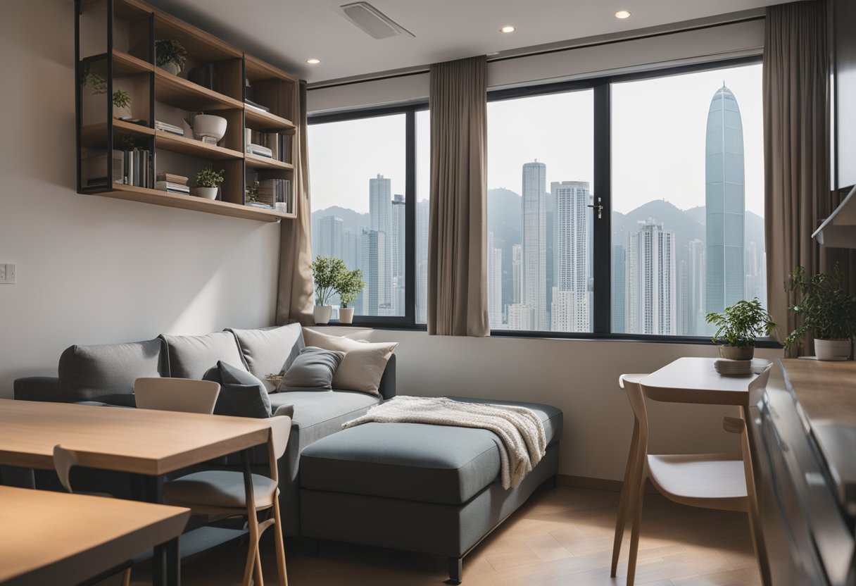 A cozy Hong Kong apartment with clever space-saving solutions and modern minimalist design. Compact furniture, smart storage, and natural light create a stylish, functional living space