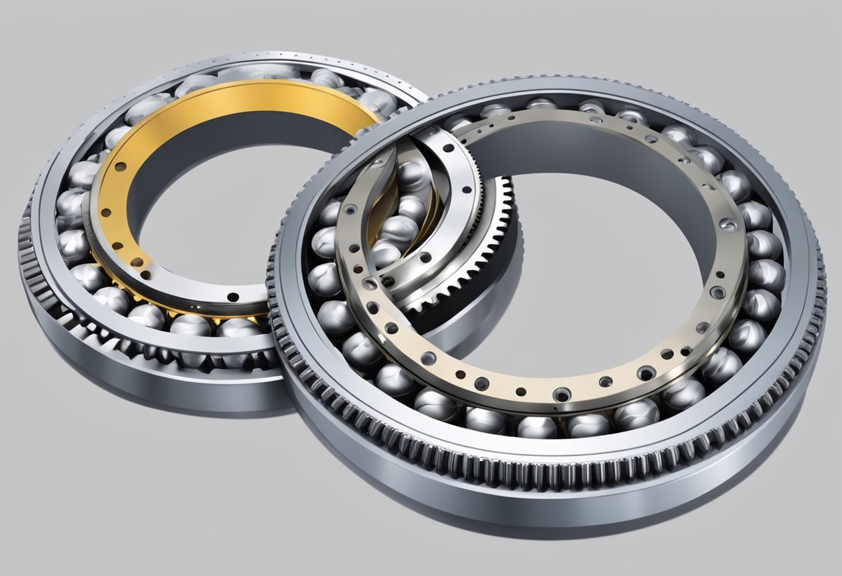 Two rows of slewing bearing with ball or roller elements, enclosed in a rotating outer ring and fixed inner ring