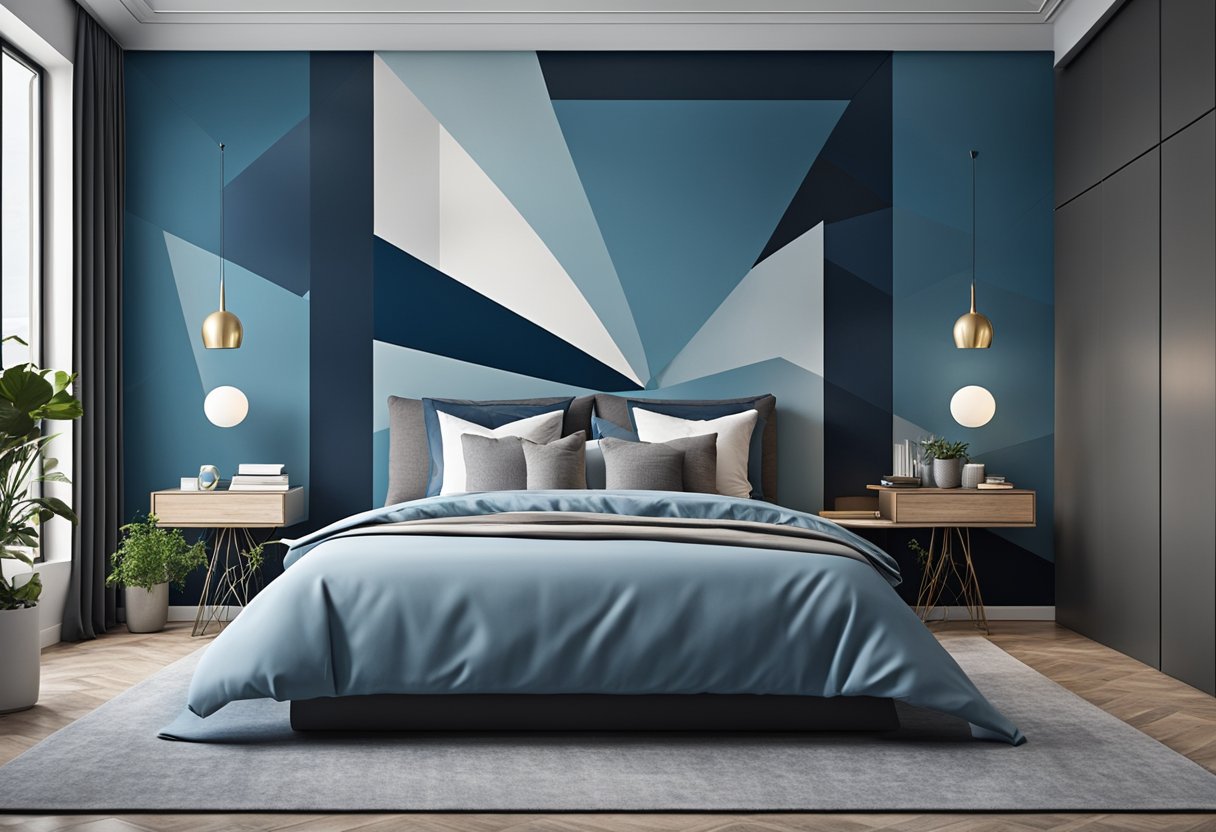 A bedroom with a bold, geometric back wall paint design in shades of blue and grey, creating a modern and stylish focal point