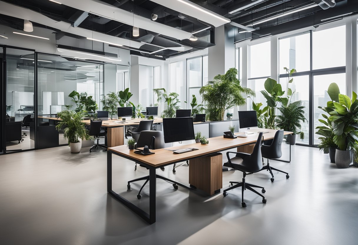 A modern office with sleek furniture and strategic layout, incorporating natural light and greenery for a balance of functionality and aesthetics