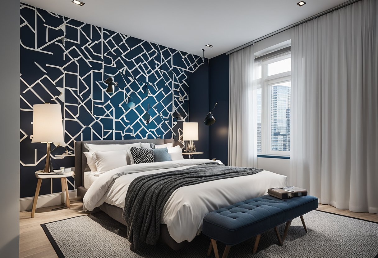 A bedroom with a bold, geometric back wall paint design, featuring a repeating pattern of frequently asked questions in a modern font