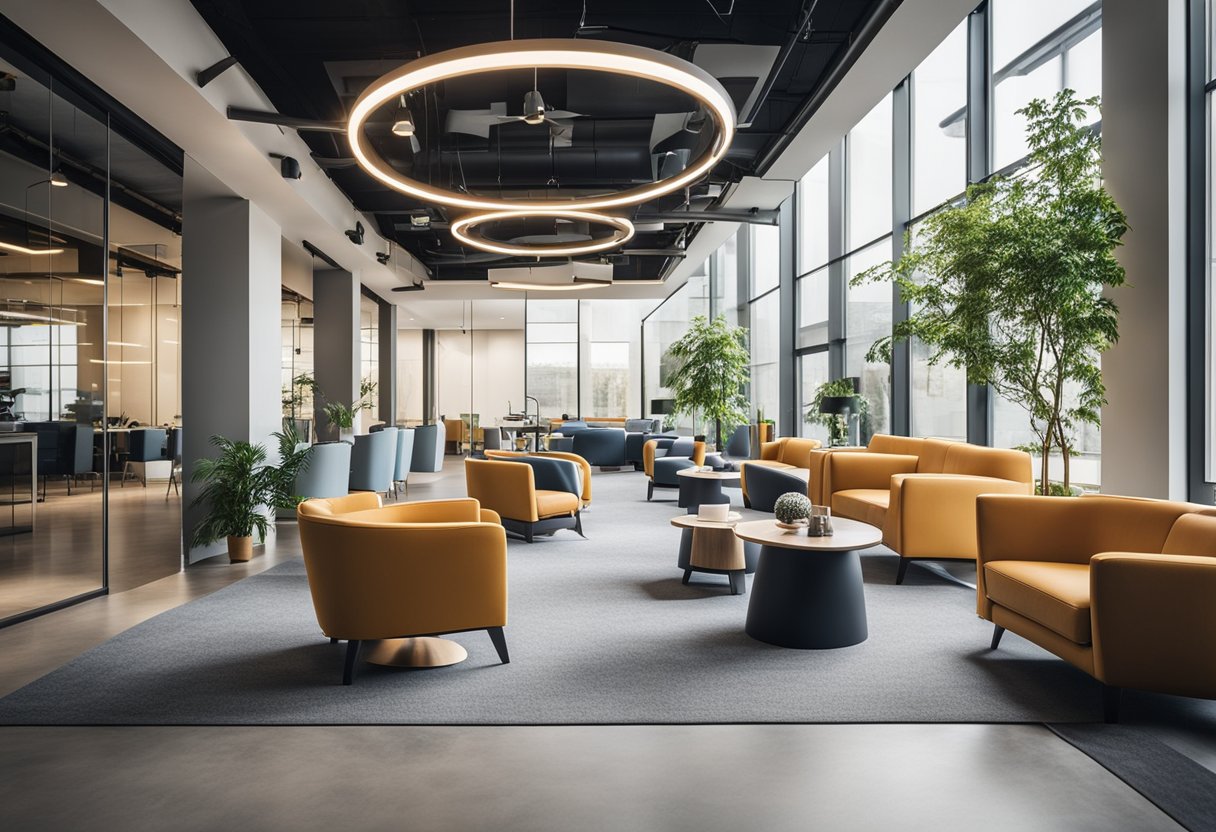 A modern, spacious office with natural light, ergonomic furniture, and vibrant colors. A welcoming reception area with comfortable seating and branded decor