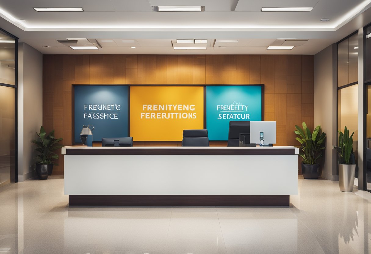 An office lobby with modern furniture, vibrant colors, and clean lines. A large sign with "Frequently Asked Questions" prominently displayed
