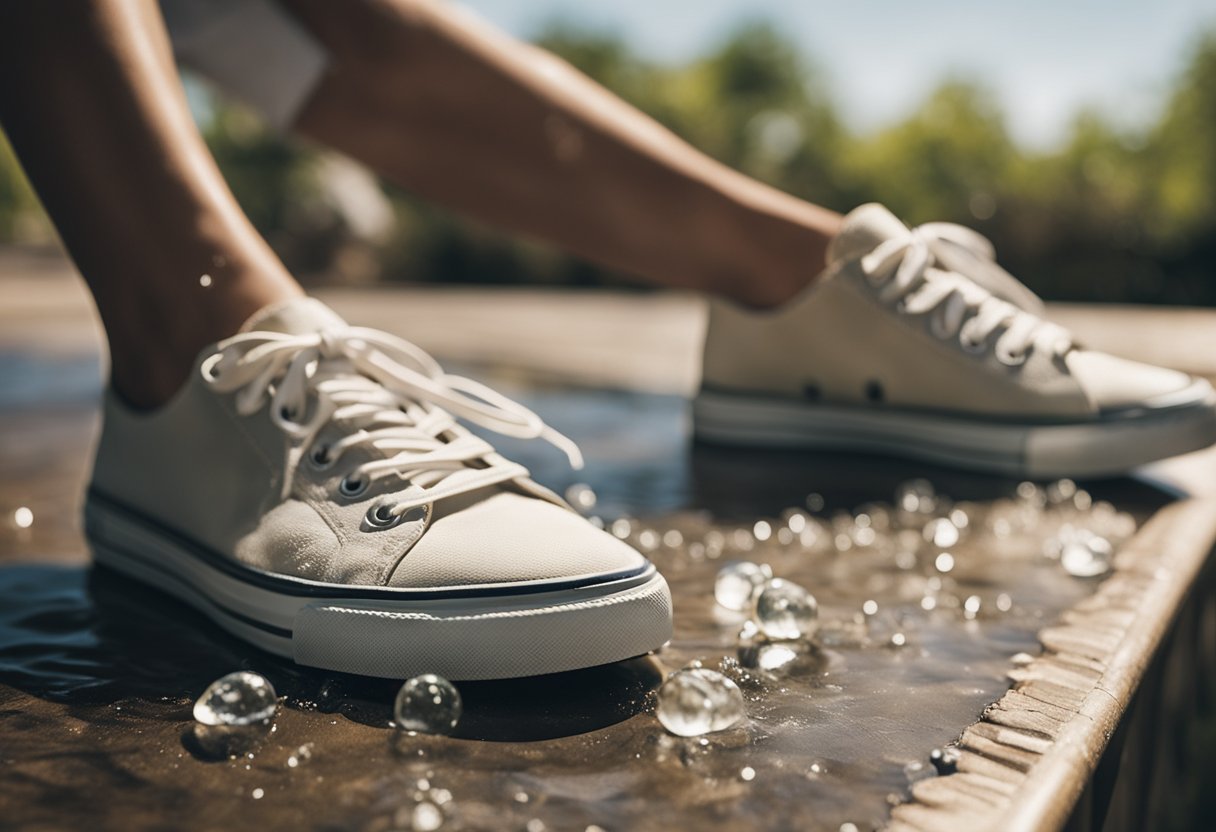 Canvas shoes being scrubbed with soapy water, rinsed, and left to air dry in a sunny spot