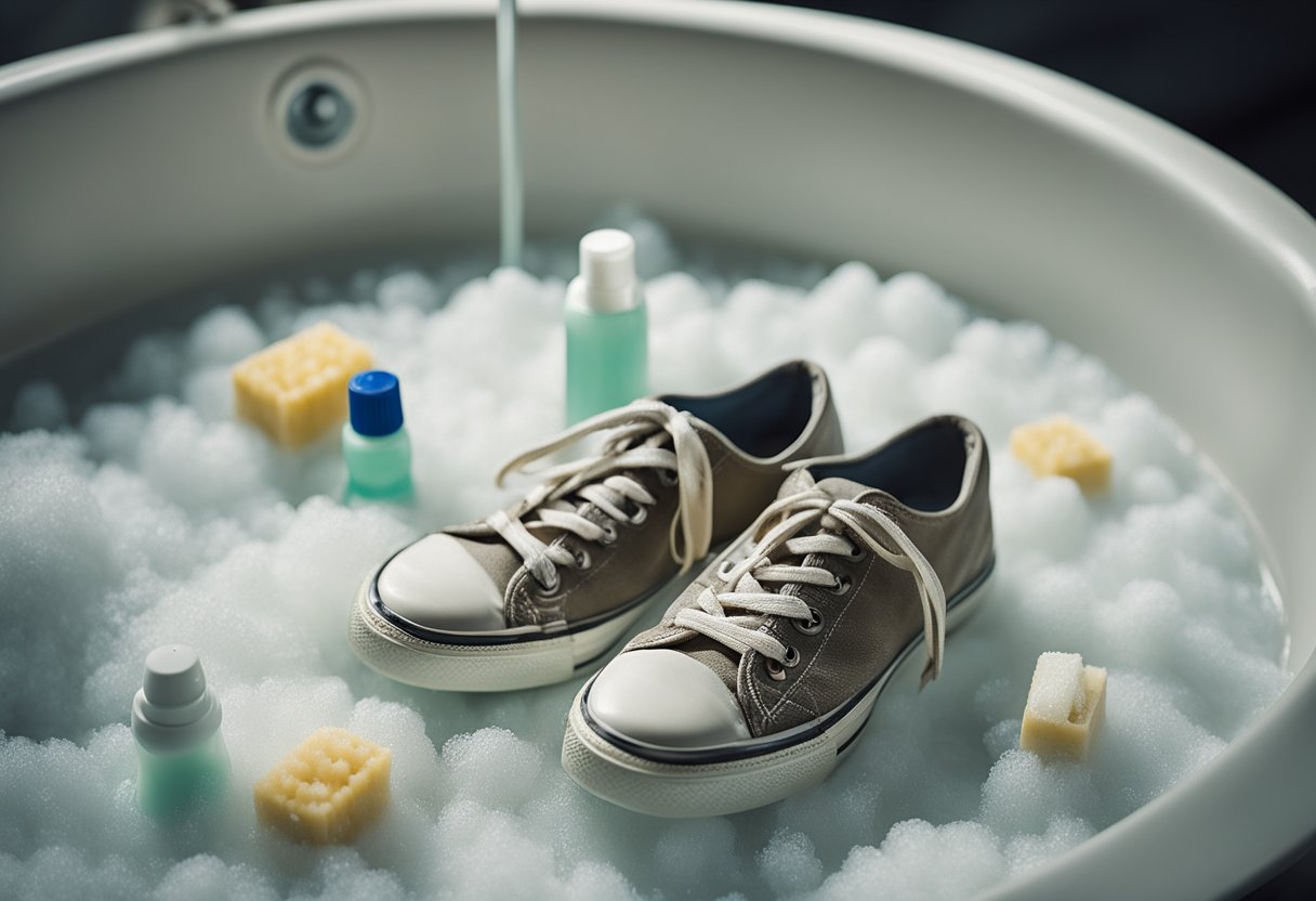 Canvas shoes placed in a basin of soapy water, scrub brush nearby, and a gentle detergent bottle