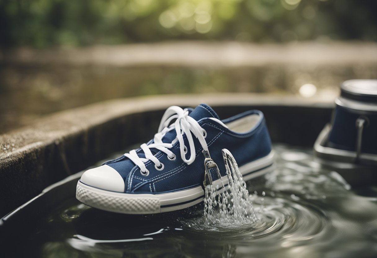 Canvas shoes being washed under running water with a gentle scrub brush and mild soap. Airing out to dry in a well-ventilated area