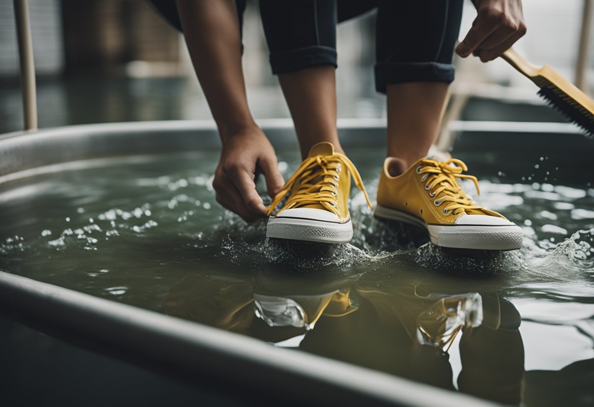 A pair of canvas shoes being scrubbed with a brush under running water
