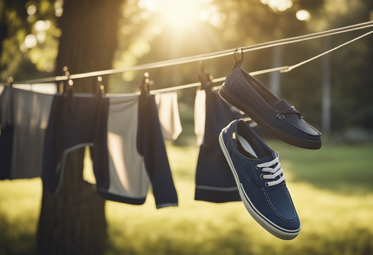 Canvas shoes hanging on a clothesline, with sunlight streaming down, and a gentle breeze blowing. A bottle of shoe cleaner and a soft brush nearby