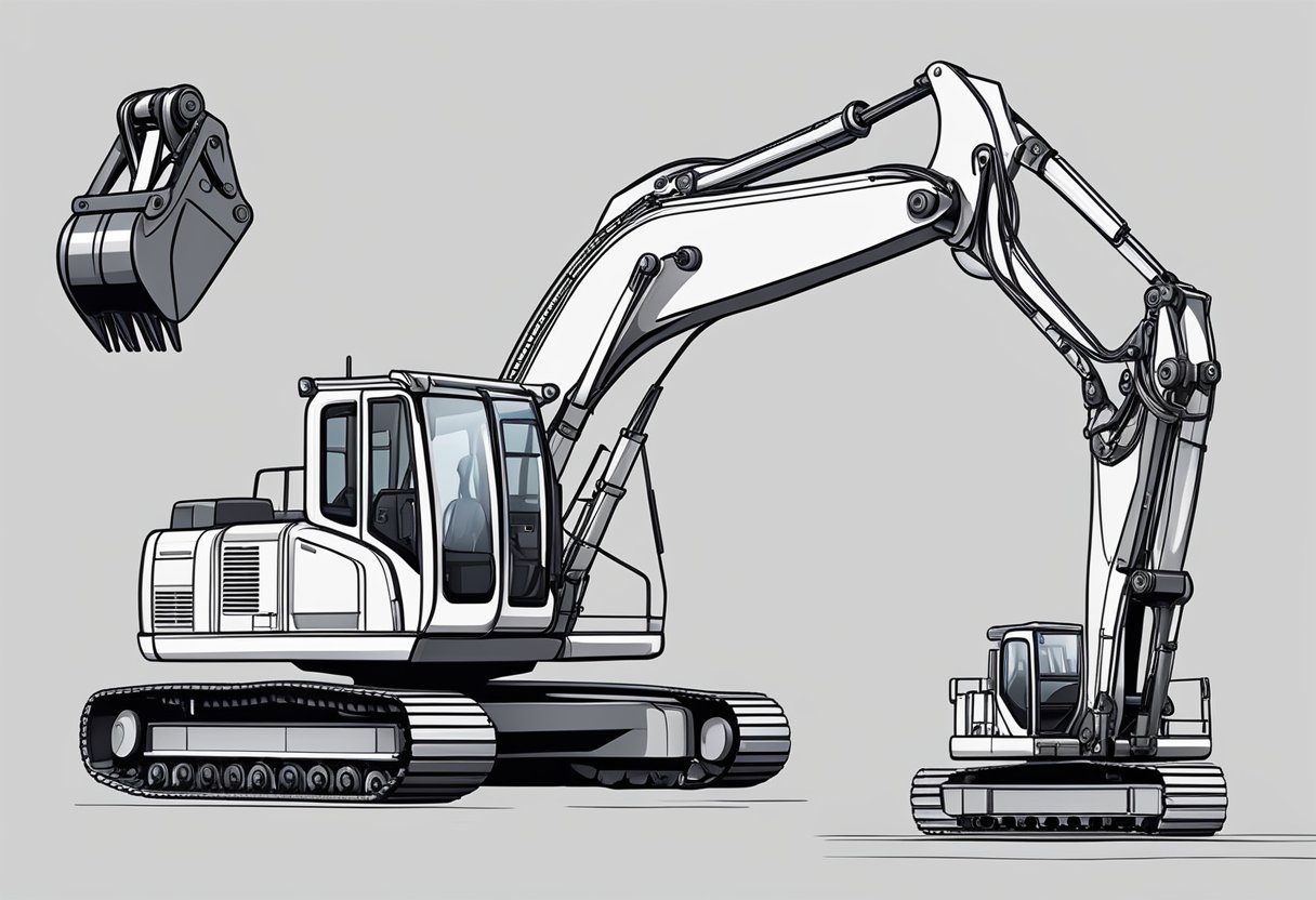 The excavator's slewing gear rotates the upper structure, while the boom and bucket are stationary