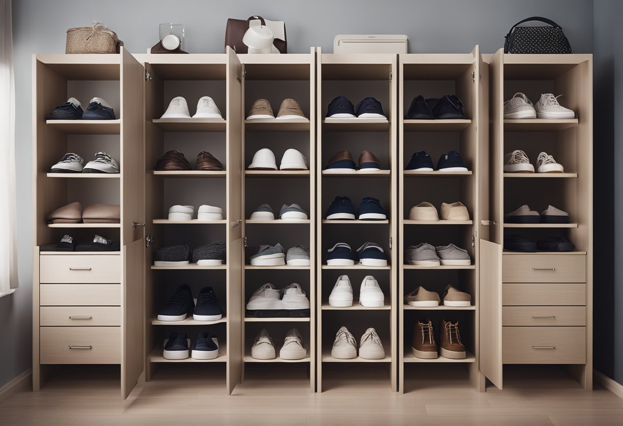 A neatly organized bedroom cabinet with shelves of folded clothes, a row of shoes, and a display of decorative items