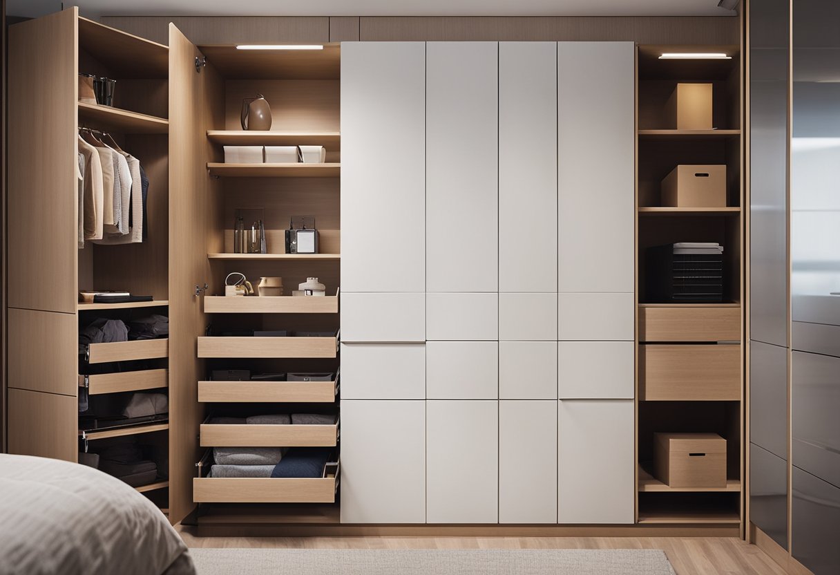 The bedroom cabinet doors swing open, revealing adjustable shelves, pull-out drawers, and hanging rods for maximum storage and organization