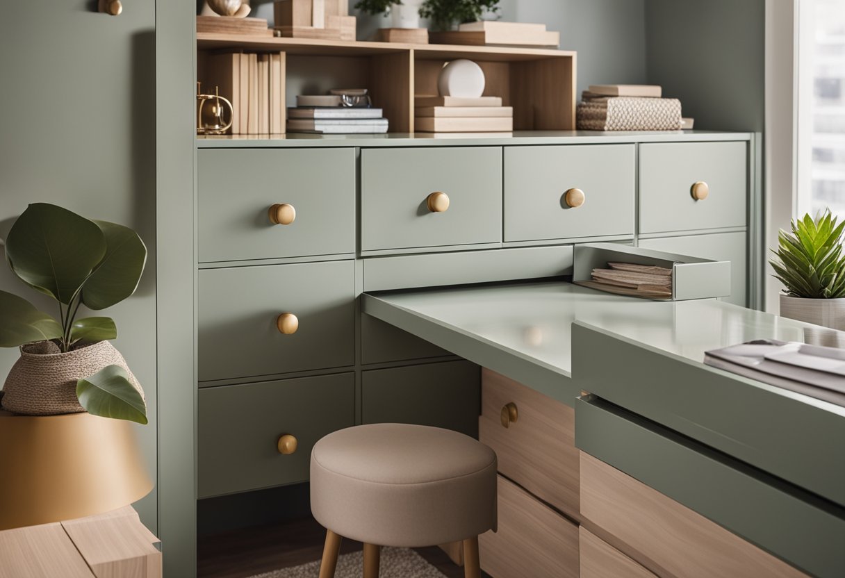 A neatly organized bedroom cabinet with matching decor and cohesive color scheme
