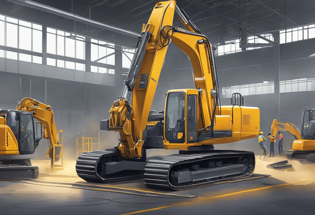 The excavator swing ring is being inspected and greased by a maintenance worker in a well-lit workshop