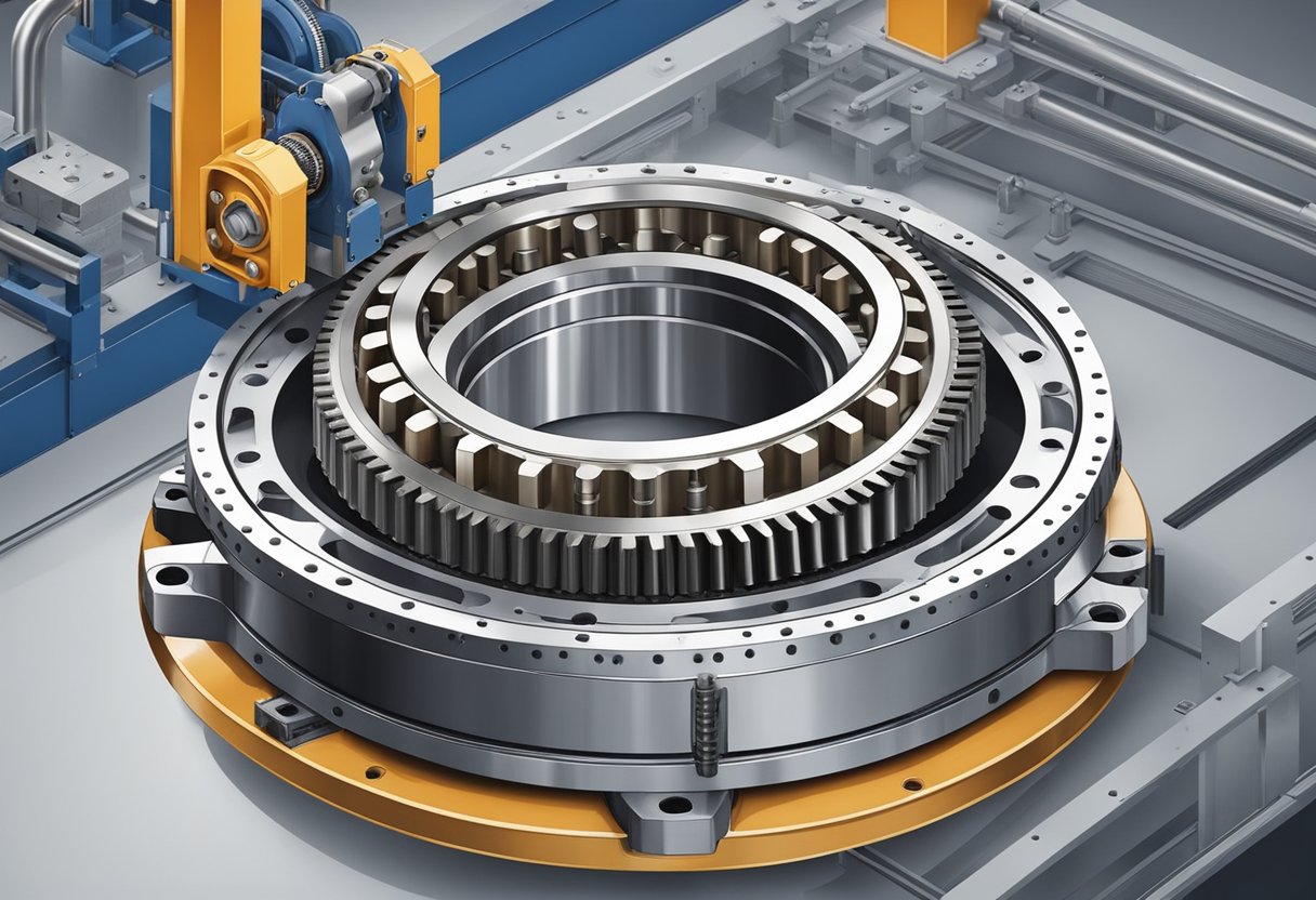 A large external gear slewing bearing rotates smoothly on a sturdy base, surrounded by industrial machinery and equipment