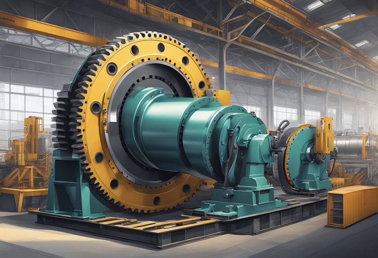 A large external gear slewing bearing in an industrial setting, surrounded by machinery and equipment