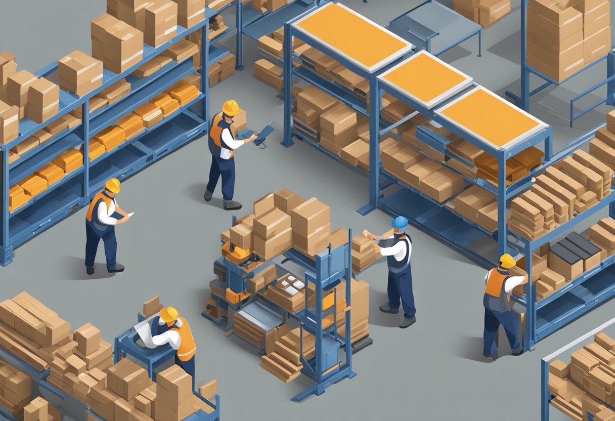 A warehouse filled with shelves of various flange bearing supplies, with workers bustling about, sorting and organizing the products