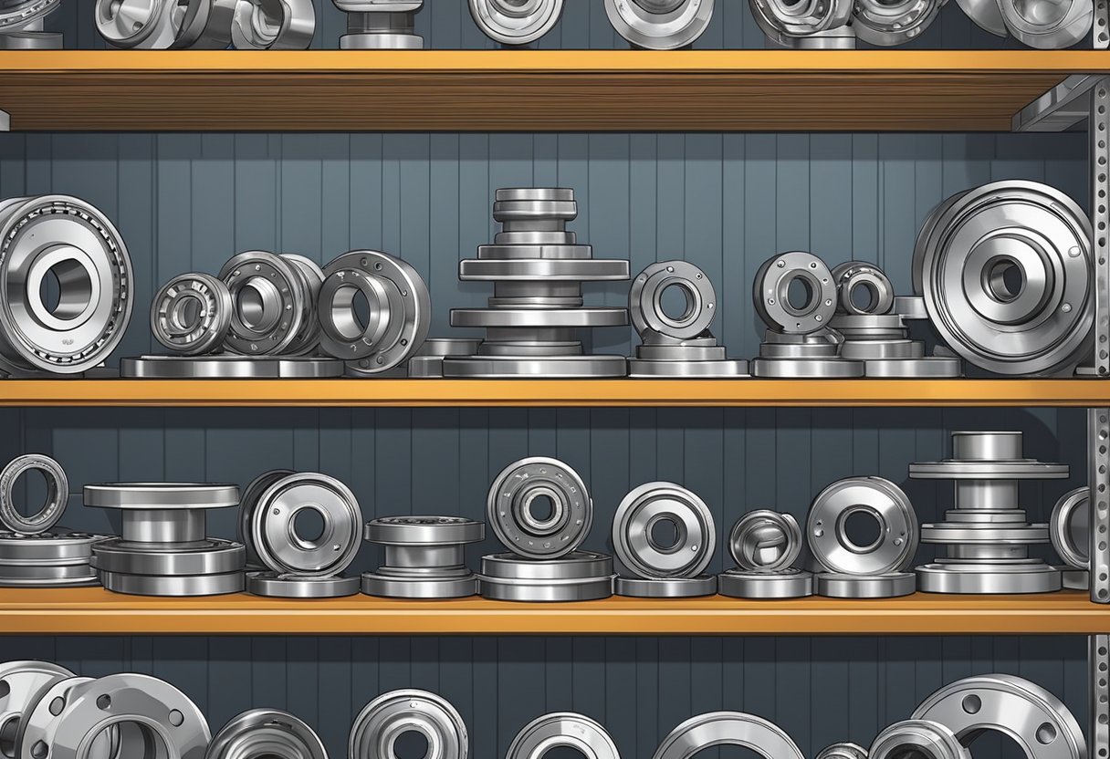 Various types of flange bearings are displayed on shelves at a supplier's warehouse