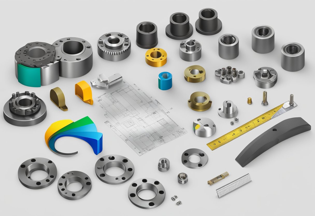 A table with various flange bearing samples, measuring tools, and technical specifications sheets spread out for reference