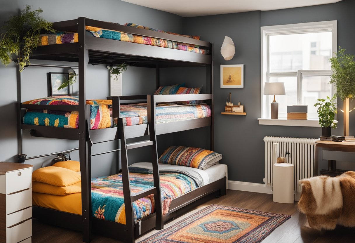 Two bunk beds with colorful bedding in a cozy, well-lit room. Shelves and personal items decorate the walls, creating a comfortable and inviting space