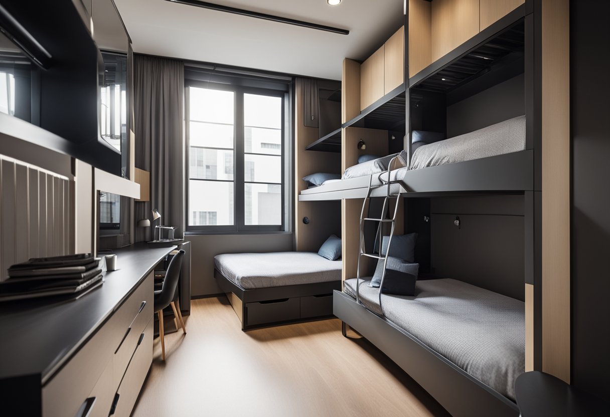 A room with bunk beds neatly arranged to maximize space, with built-in storage compartments and sleek, modern design