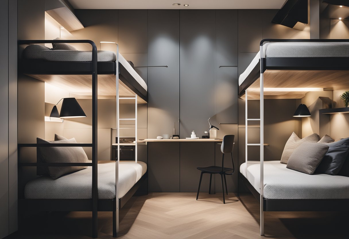 Two bunk beds with sleek, modern design. Incorporate storage space and built-in ladder for easy access. Use neutral colors and clean lines for a minimalist look