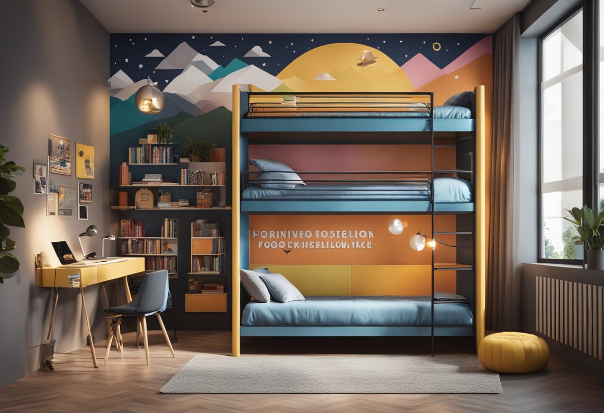 Two bunk beds with modern design, positioned against a wall with a colorful mural. A bookshelf and desk are nearby, with a cozy rug on the floor